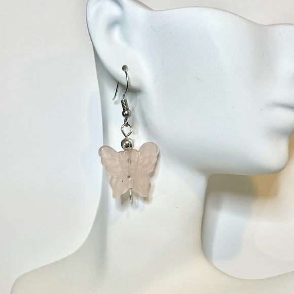 Carved Rose Quartz Butterfly Earrings - Picture 13 of 14